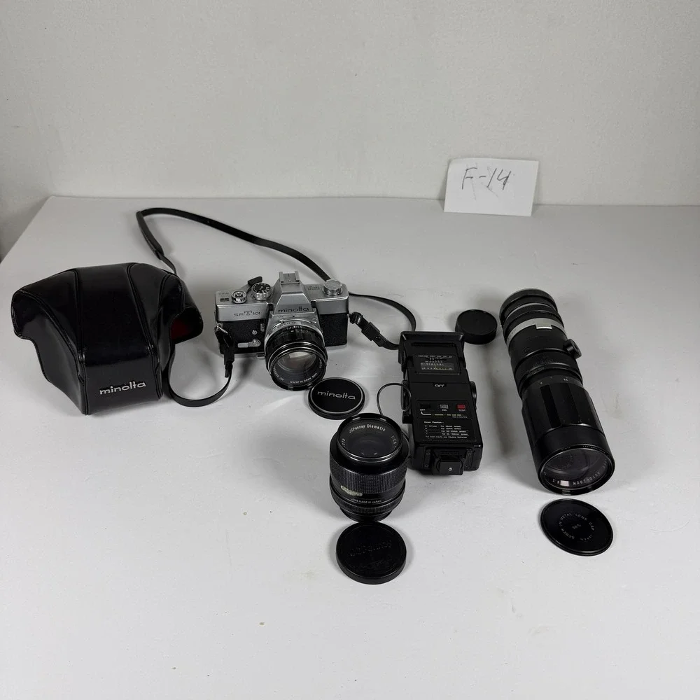 Vintage Minolta SR-T 101 35mm SLR Camera Lot w/ Lenses & Flash - Storage F-15